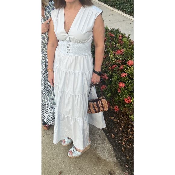 DEREK LAM X RTR Light Blue 100% Cotton Hourglass Cap Sleeve Tiered Dress Size 46 - Picture 1 of 12